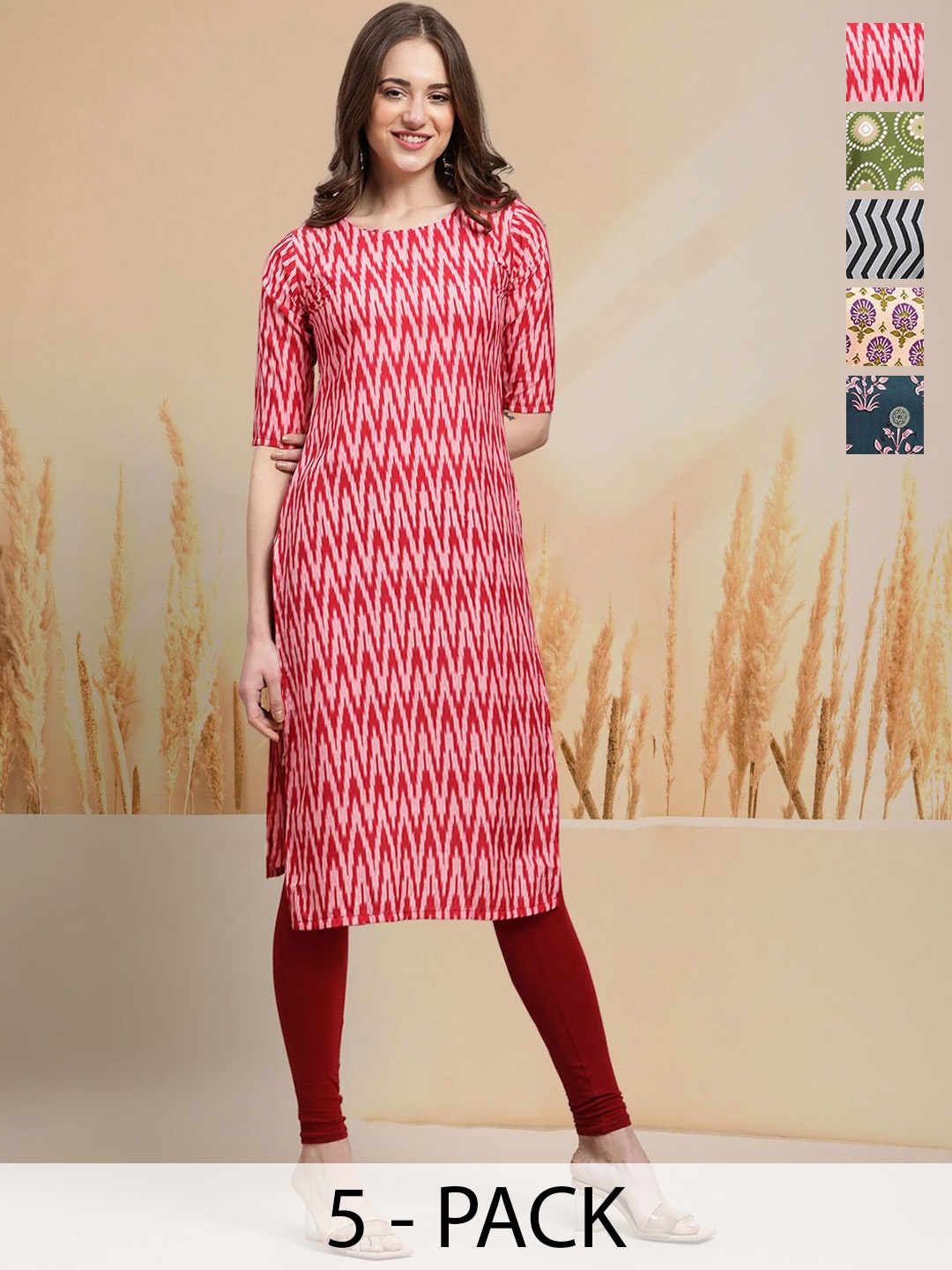 

7Threads Selection Of 5 Geometric Printed Round Neck Straight Kurtas, Red