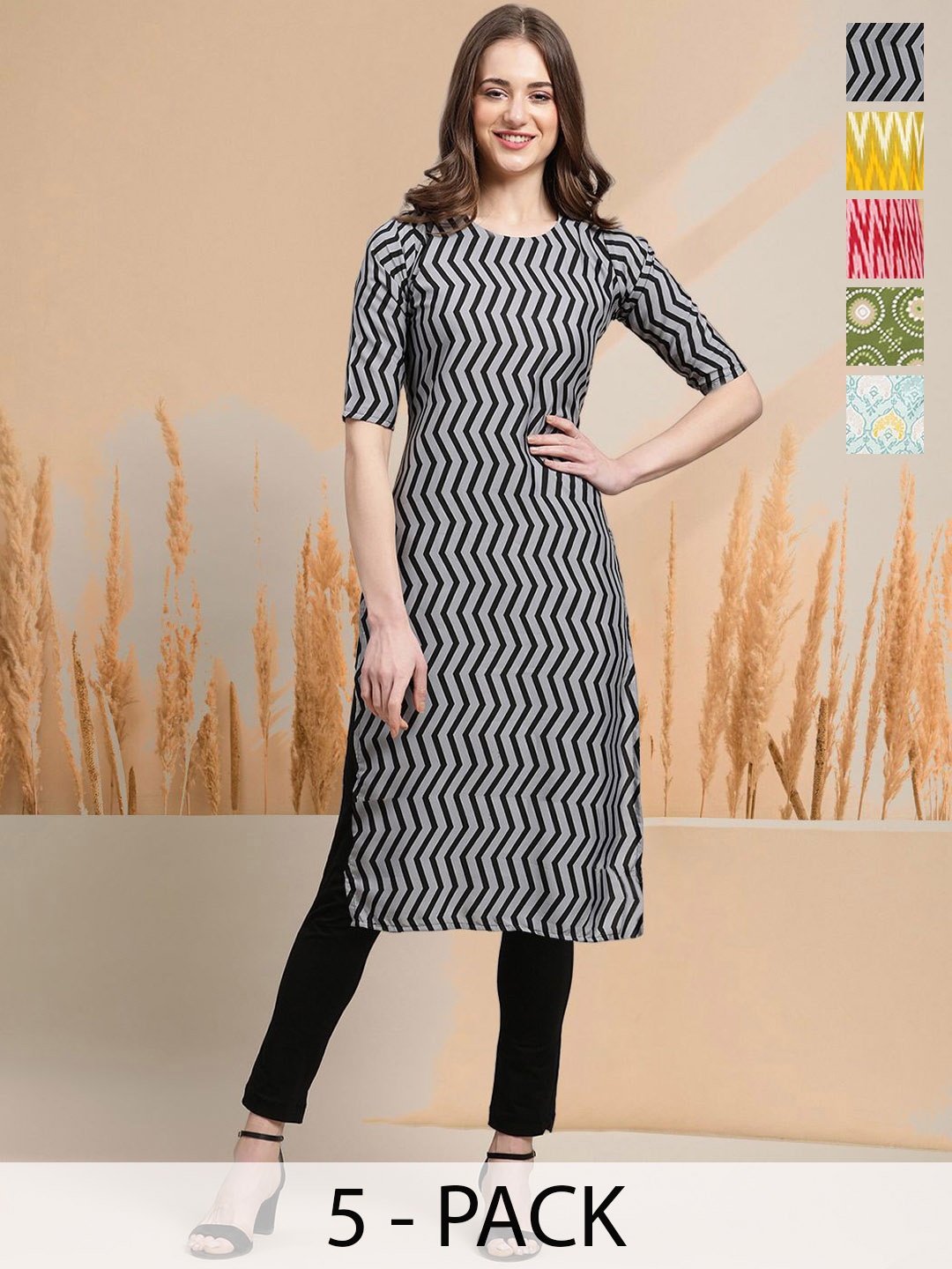 

7Threads Selection Of 5 Chevron Printed Round Neck Straight Kurtas, Grey