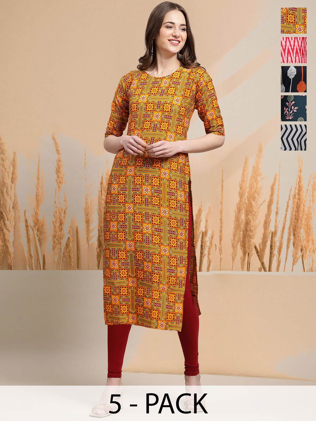 

7Threads Selection Of 5 Ethnic Motifs Printed Round Neck Straight Kurtas, Yellow
