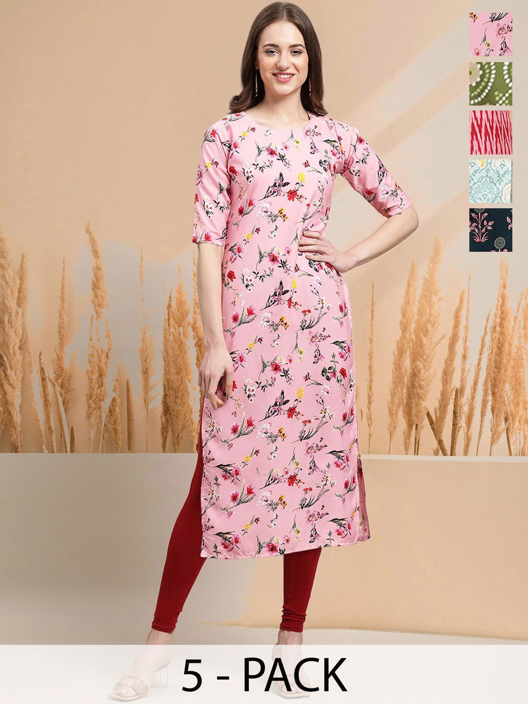 

7Threads Selection Of 5 Floral Printed Round Neck Straight Kurtas, Pink