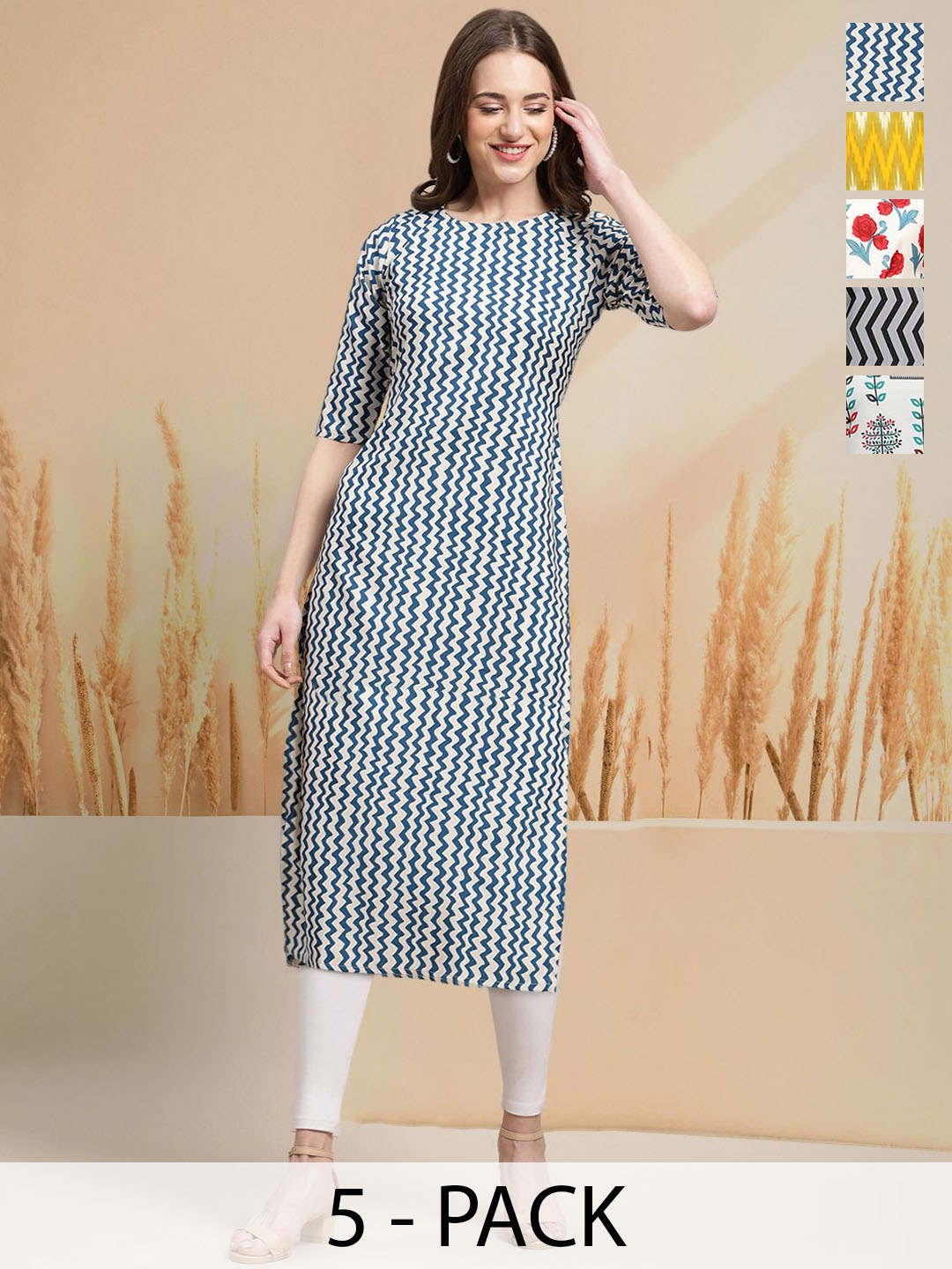 7Threads Selection of 5 Chevron Printed Round Neck Straight Kurtas, White
