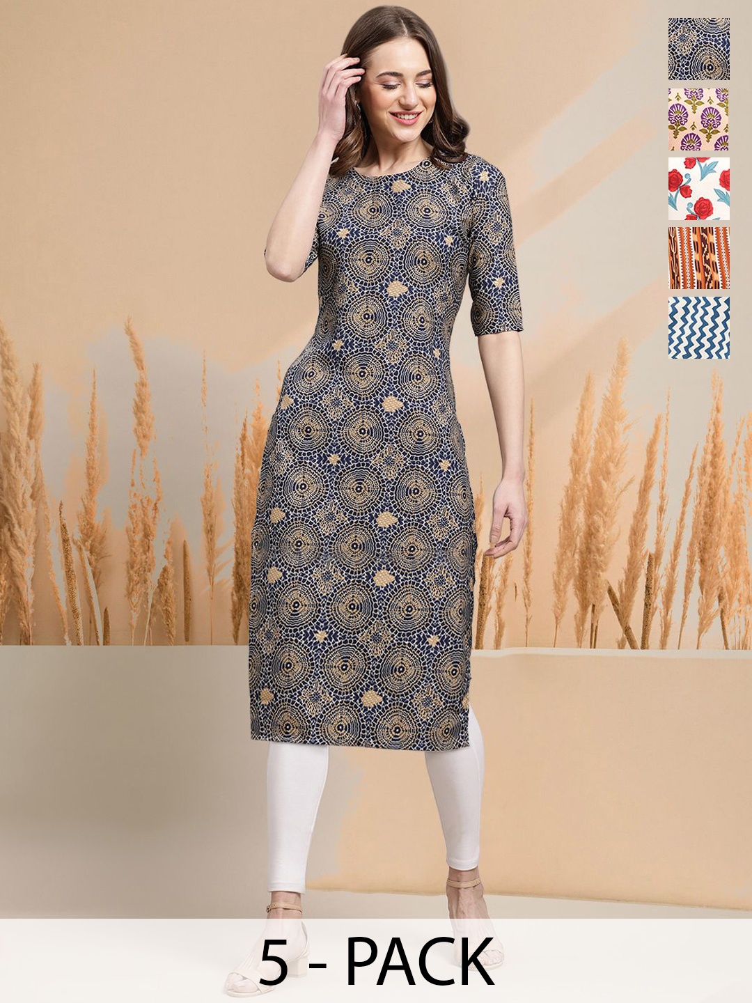 

7Threads Selection of 5 Geometric Printed Round Neck Straight Kurtas, Navy blue