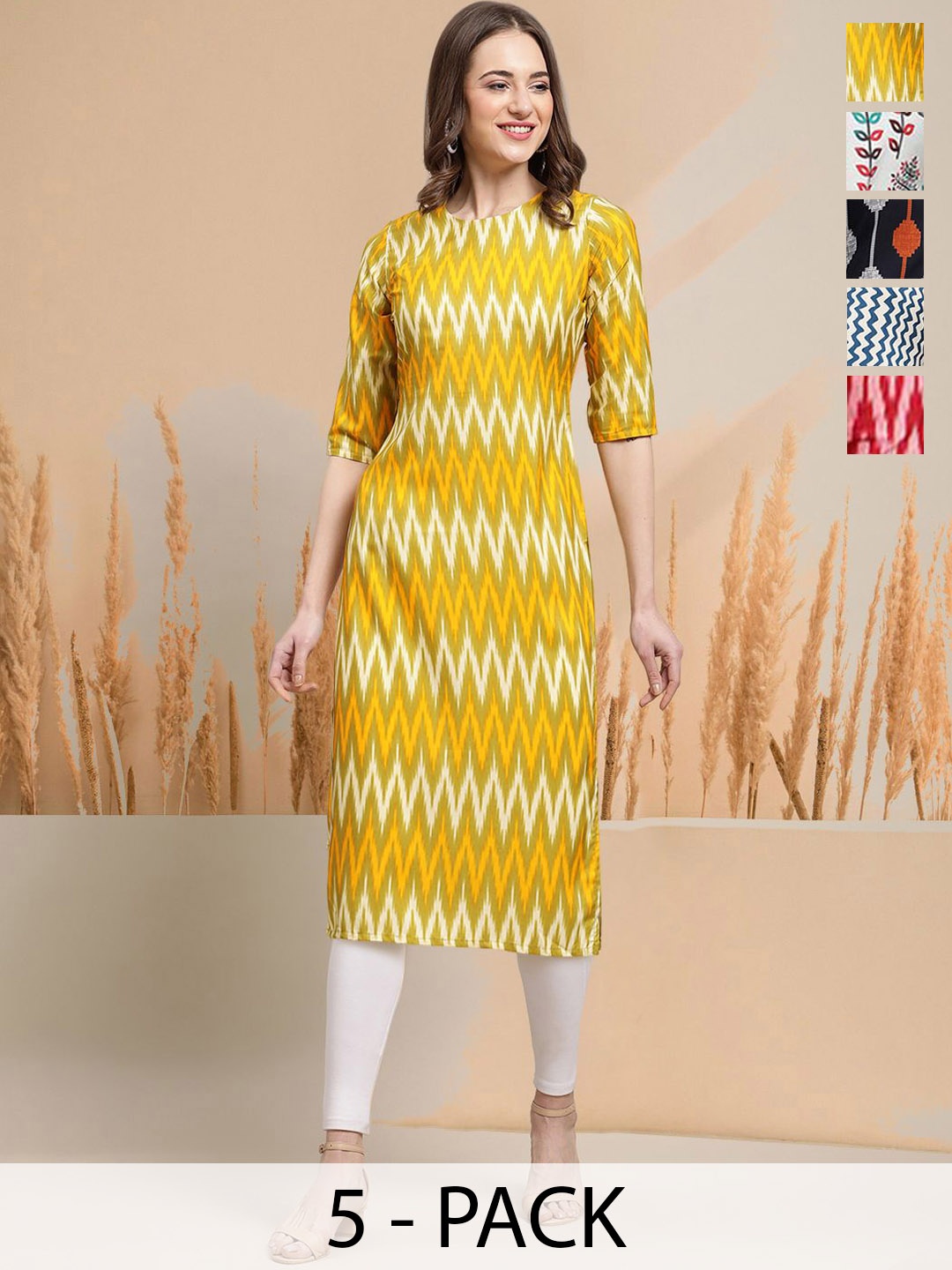 

7Threads Selection Of 5 Chevron Printed Round Neck Straight Kurtas, Yellow