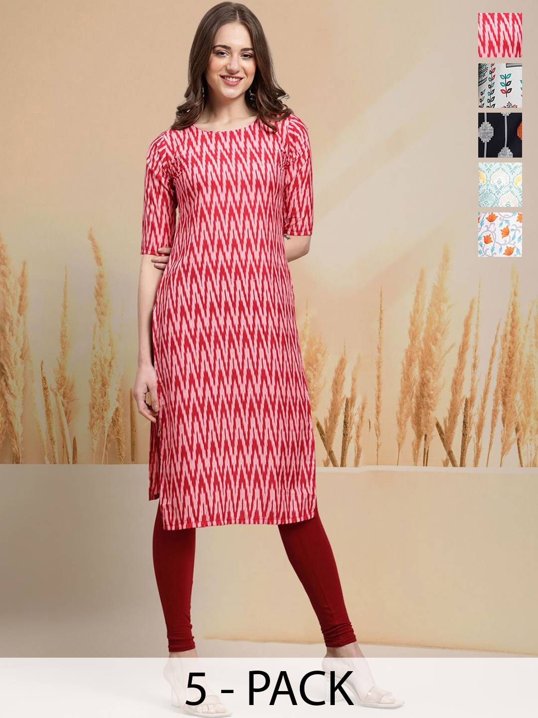 

7Threads Selection Of 5 Chevron Printed Round Neck Straight Kurtas, Red