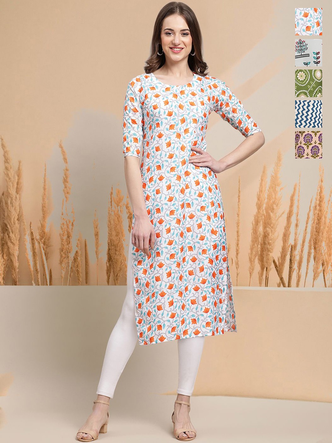 

7Threads Selection of 5 Floral Printed Round Neck Straight Kurtas, White
