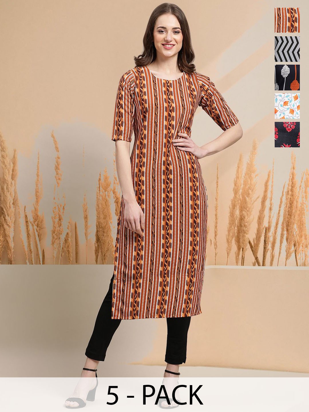 

7Threads Selection of 5 Geometric Printed Round Neck Straight Kurtas, Brown