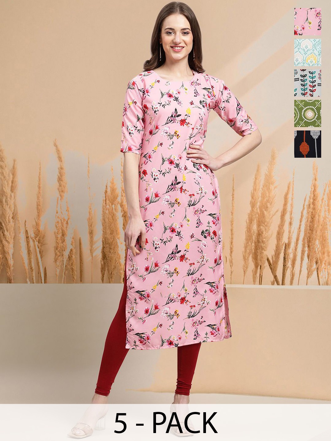 

7Threads Selection of 5 Floral Printed Round Neck Straight Kurtas, Pink