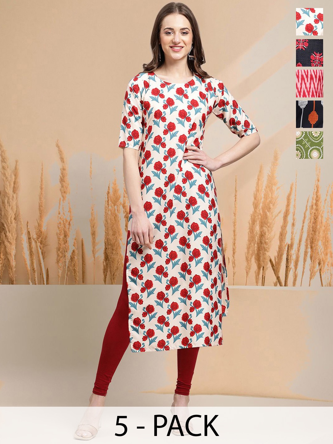 

7Threads Selection Of 5 Floral Printed Round Neck Straight Kurtas, Cream