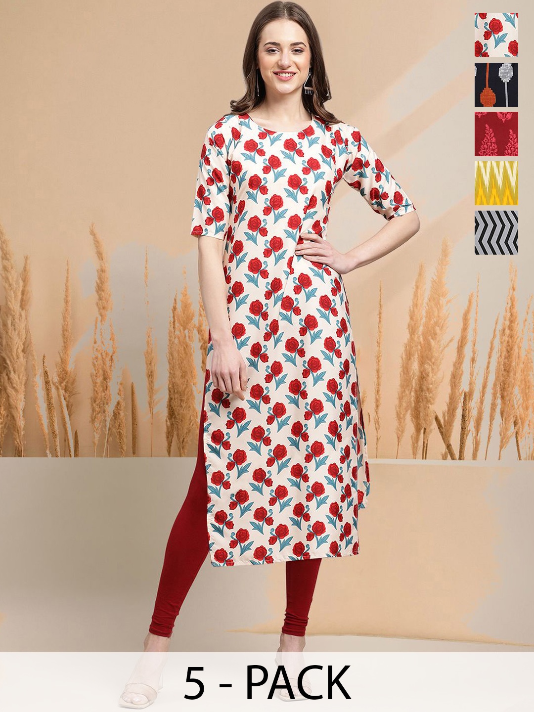 

7Threads Selection Of 5 Floral Printed Round Neck Straight Kurtas, Off white