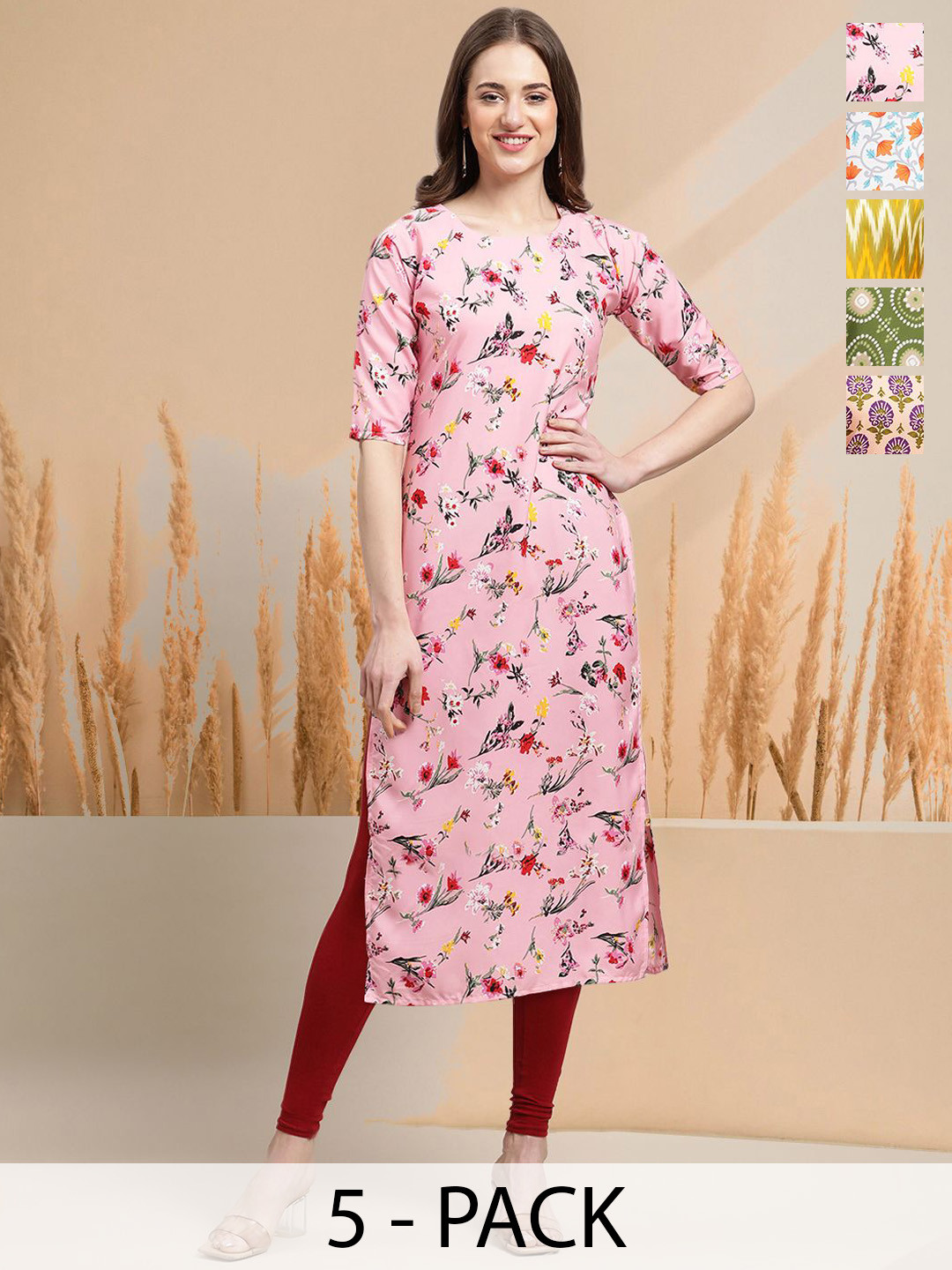 

7Threads Selection Of 5 Floral Printed Round Neck Straight Kurtas, Pink