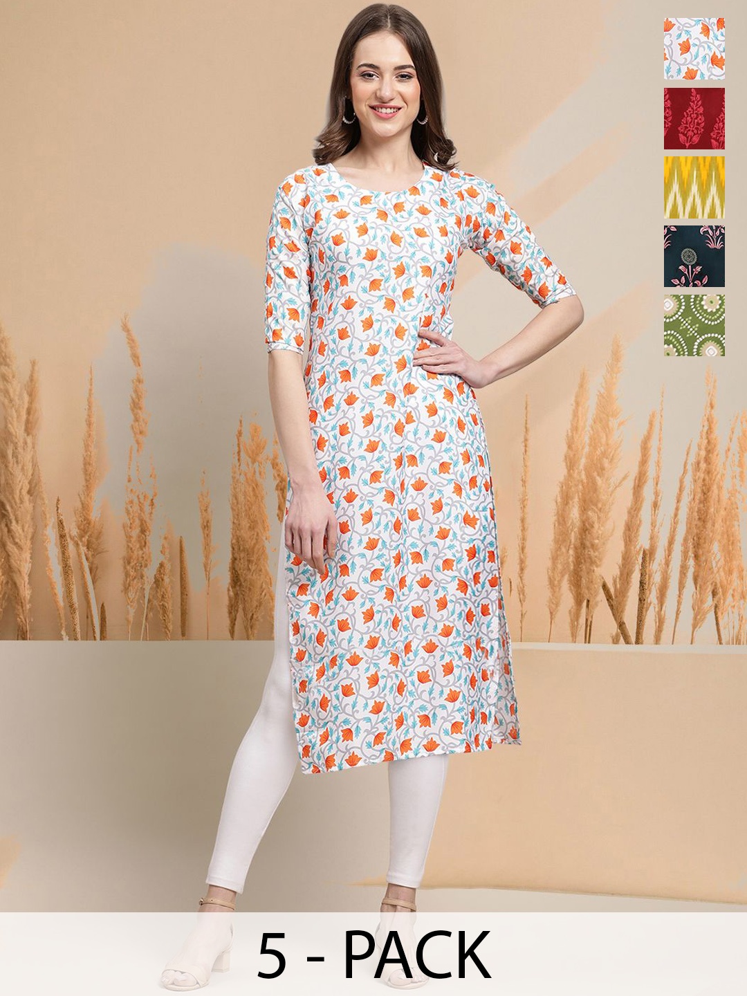

7Threads Selection Of 5 Floral Printed Round Neck Straight Kurtas, White