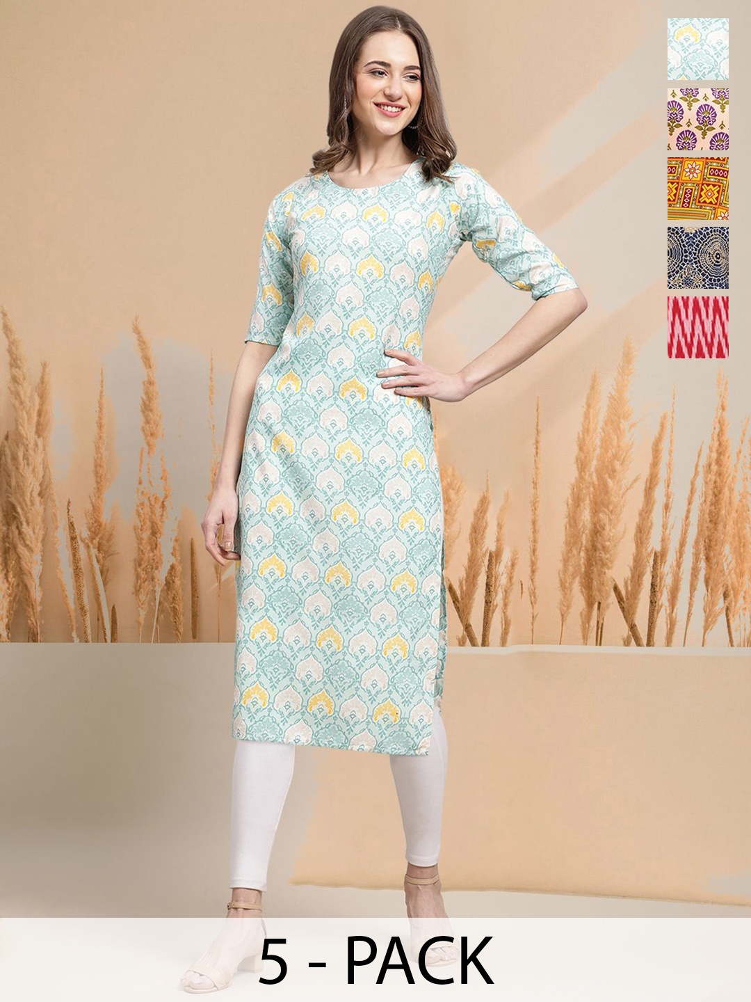 

7Threads Selection Of 5 Ethnic Motifs Printed Round Neck Kurtas, Sea green