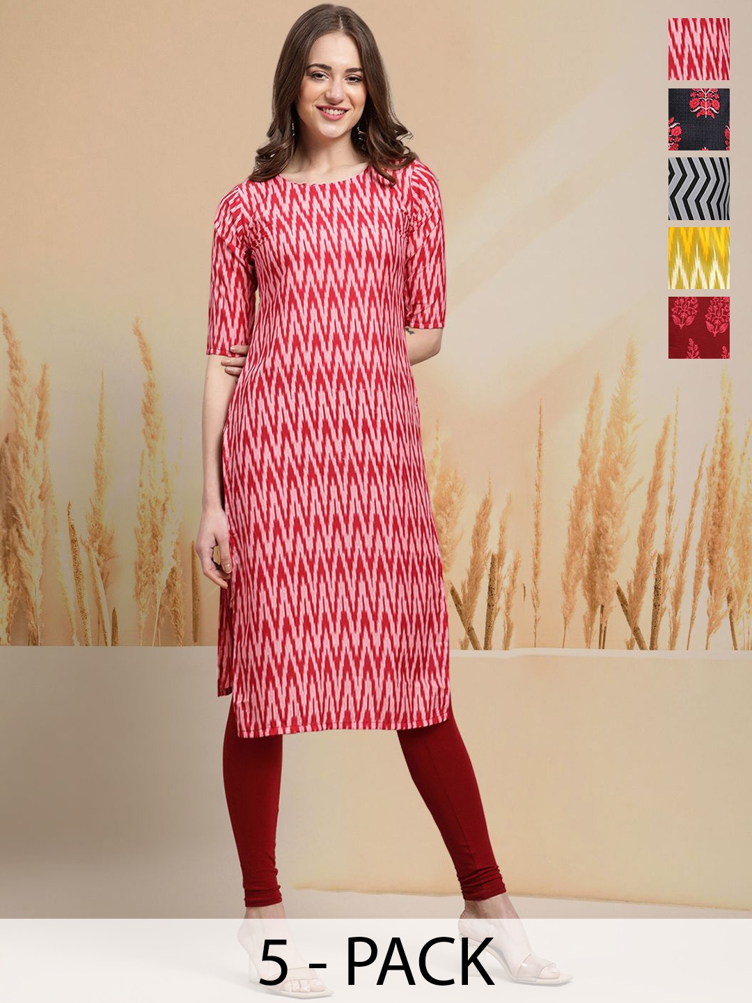 7Threads Selection Of 5 Chevron Printed Round Neck Straight Kurtas, Red