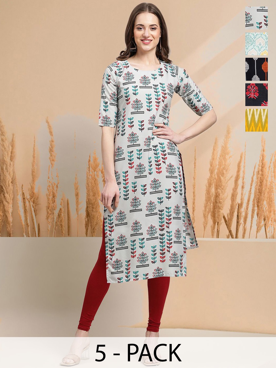 

7Threads Selection Of 5 Floral Printed Round Neck Straight Kurtas, Grey
