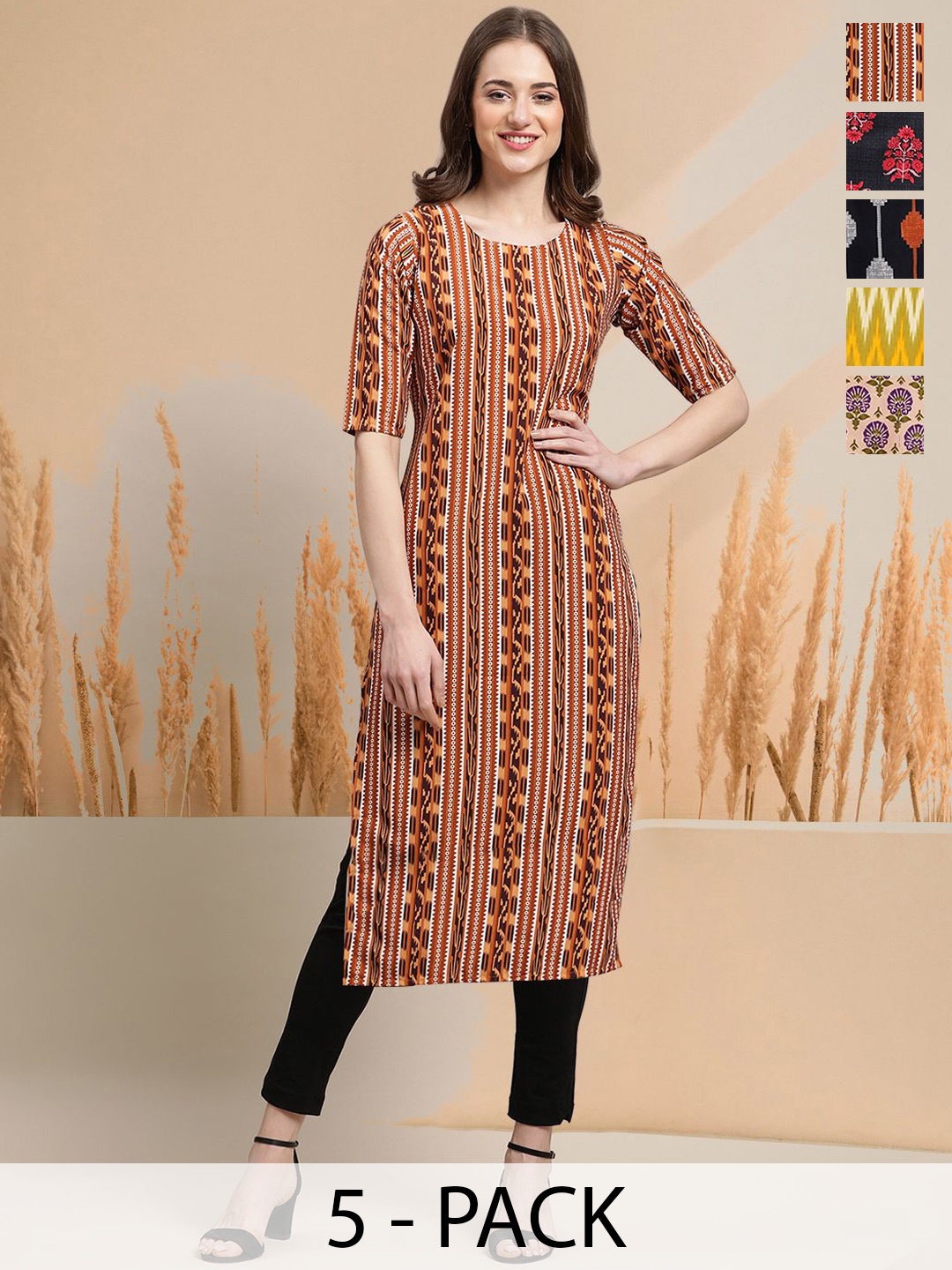 7Threads Selection Of 5 Geometric Printed Round Neck Straight Kurtas, Brown