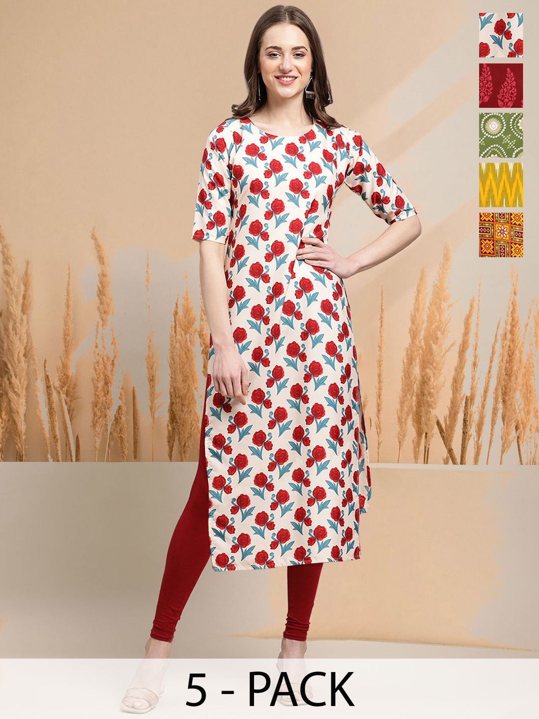 

7Threads Selection Of 5 Floral Printed Round Neck Straight Kurtas, Cream