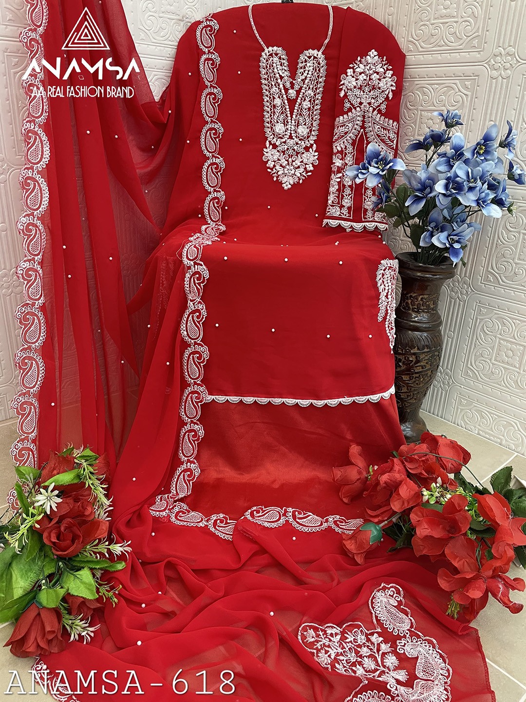

ANAMSA Paisley Embroidered Semi-Stitched Dress Material, Red