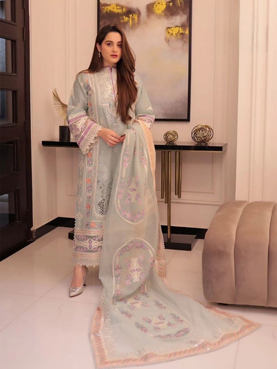 ANAMSA Floral Embroidered Thread Work Semi-Stitched Dress Material, Grey