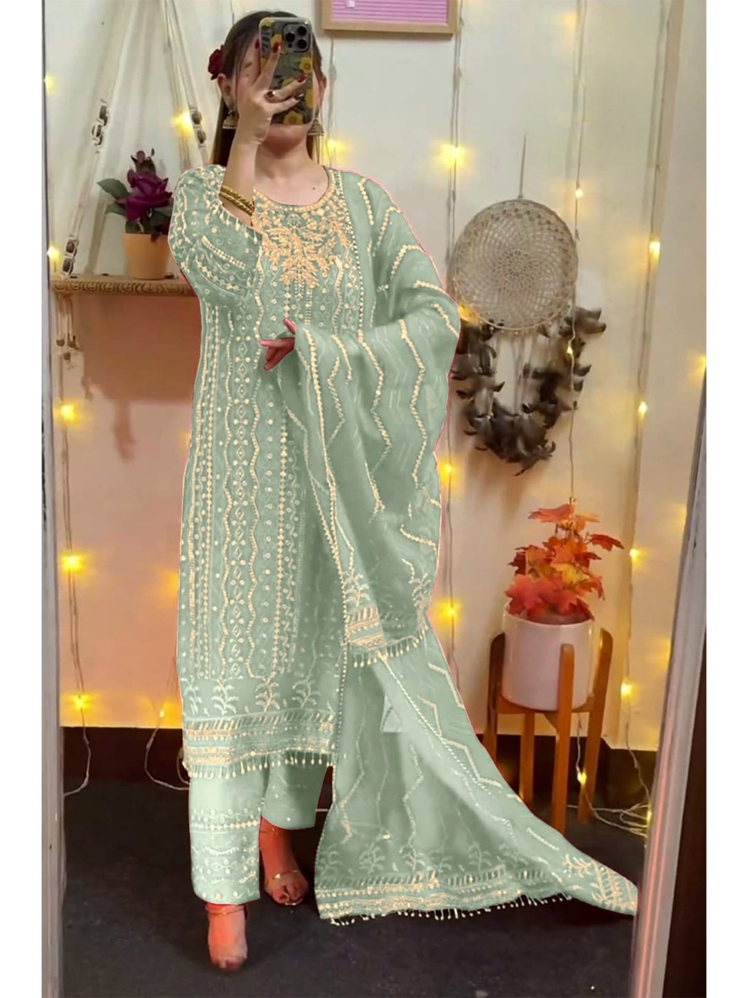 

ANAMSA Floral Embroidered Semi-Stitched Dress Material, Green