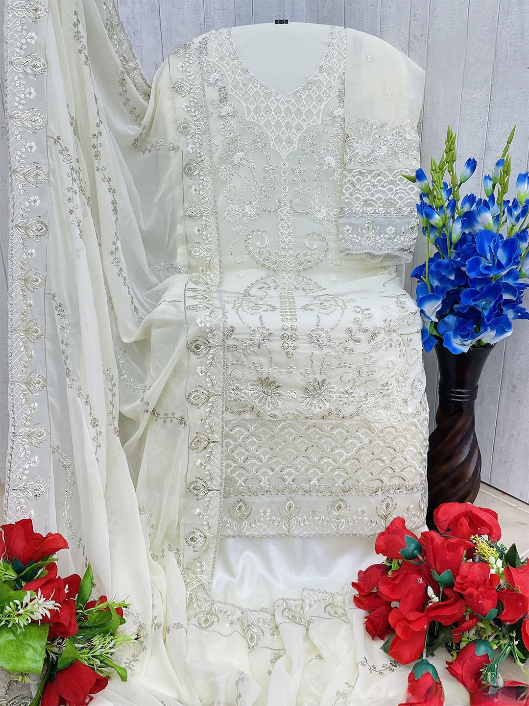 

ANAMSA Floral Embroidered Semi-Stitched Dress Material, White