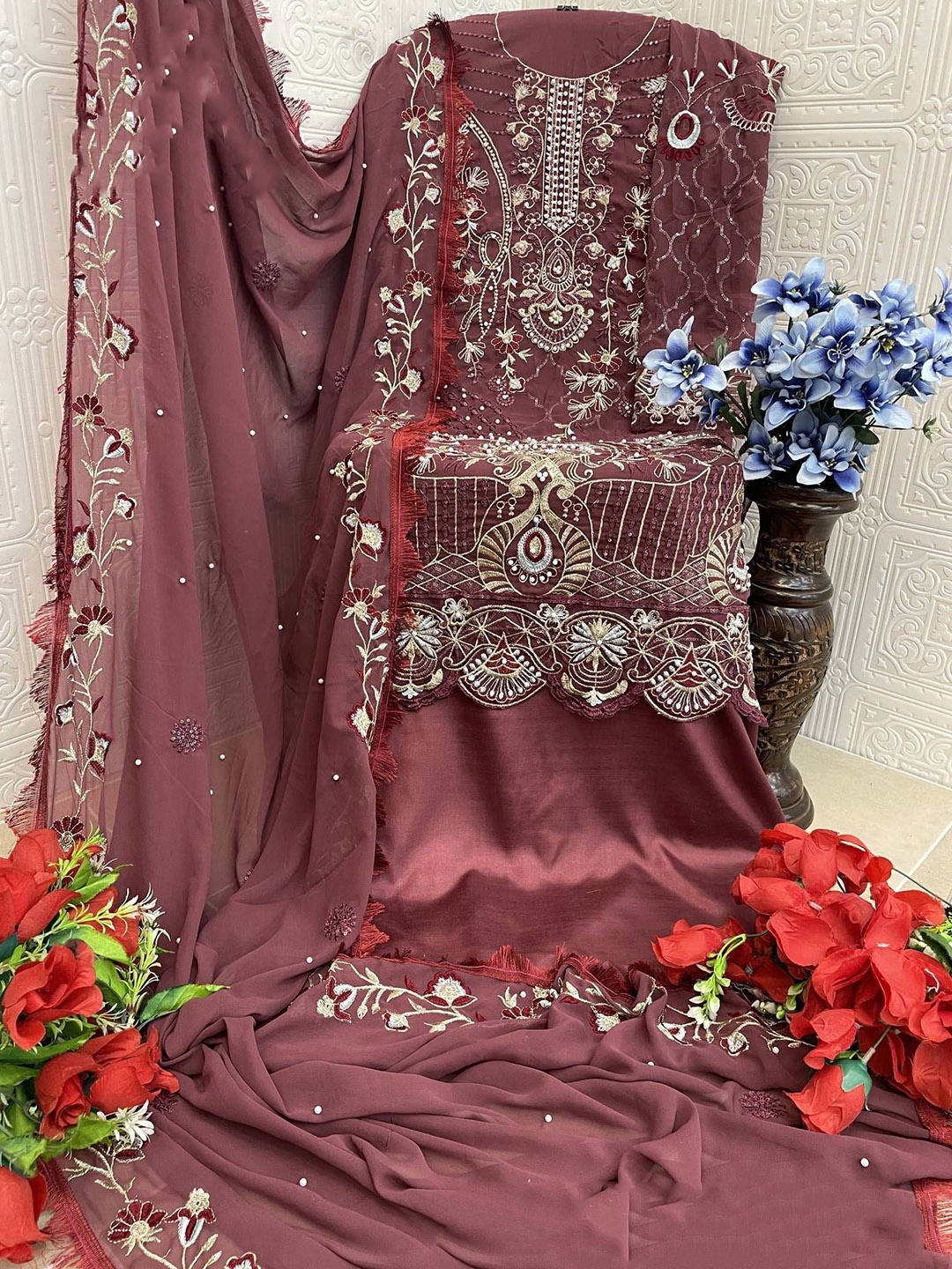 

ANAMSA Floral Embroidered Zari Semi-Stitched Dress Material, Purple
