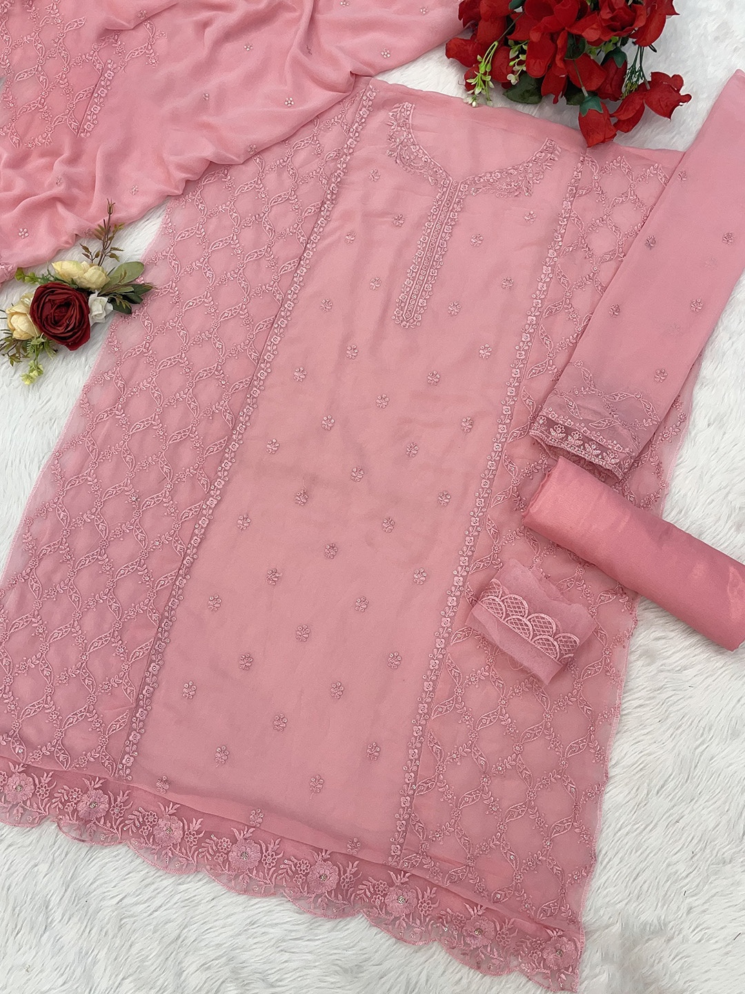 

ANAMSA Floral Embroidered Semi-Stitched Dress Material, Pink