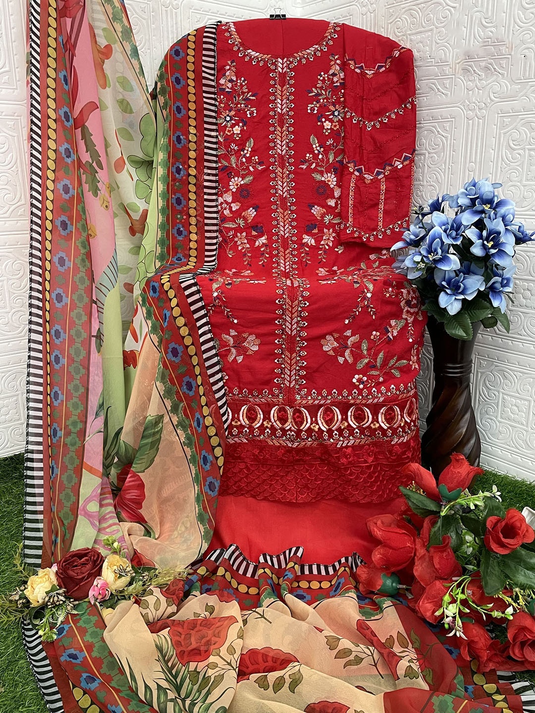 

ANAMSA Floral Embroidered Semi-Stitched Dress Material, Red