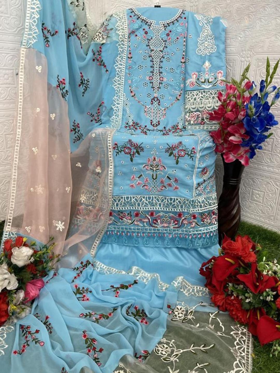 

ANAMSA Floral Embroidered Semi-Stitched Dress Material, Blue