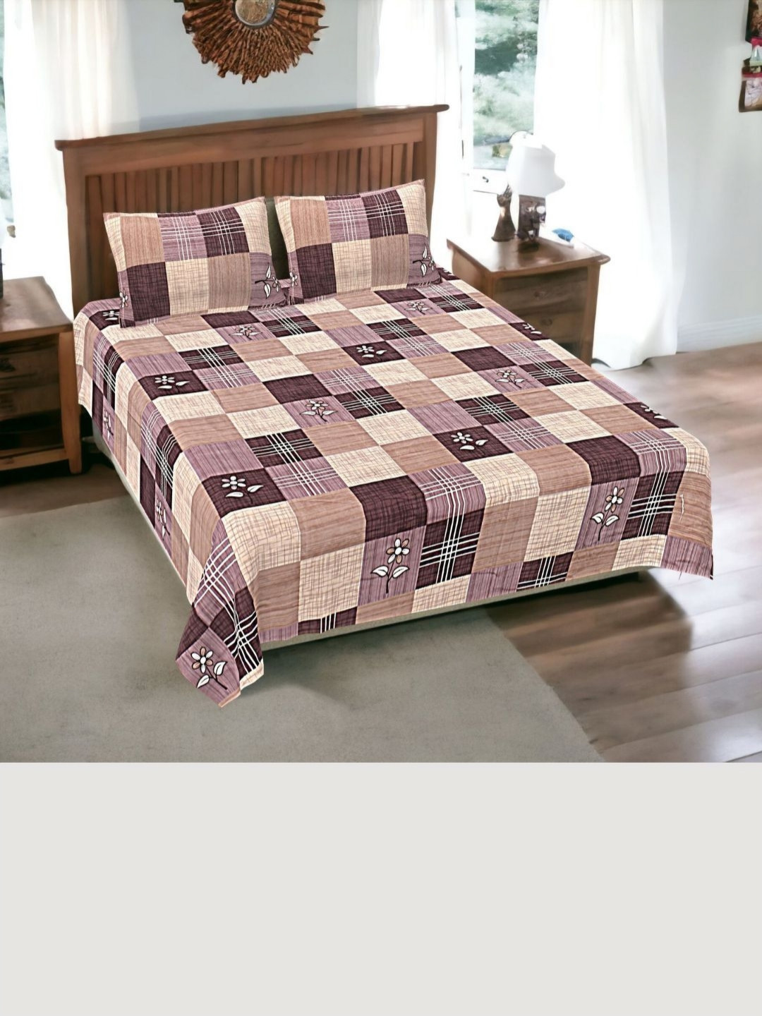 

HASHCART Purple & Beige Geometric Printed Cotton 210 TC Queen Bedsheet Set 2.25 m X 2.40 m