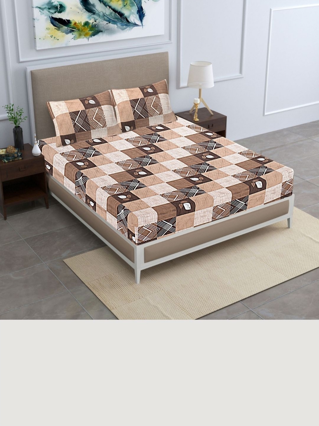 

HASHCART Beige & Brown Geometric Printed Cotton 210 TC Queen Bedsheet Set 2.25 m X 2.40 m