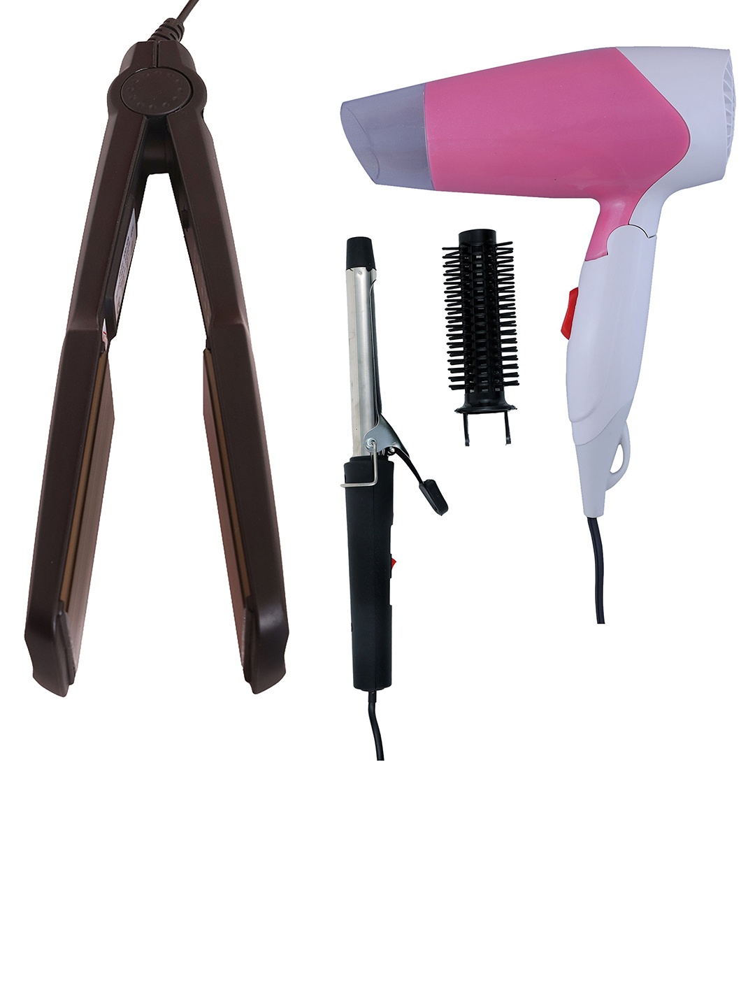 

NIRVANI Set Of 3 NV 1270 Hair Dryer With 329 Hair Straightener & 471 Iron Rod Hair Curler, Pink