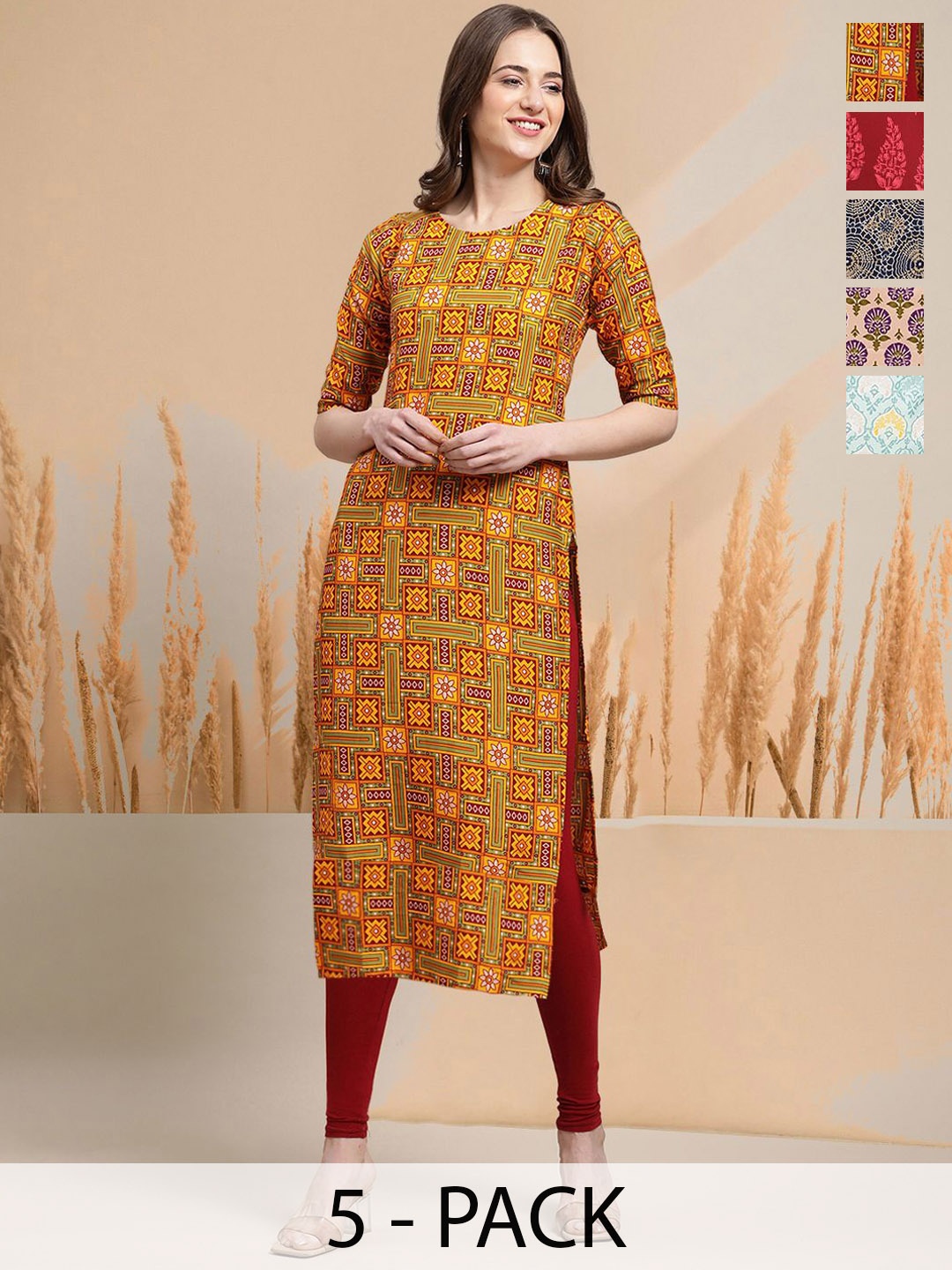 

7Threads Selection of 5 Geometric Printed Round Neck Straight Kurtas, Brown