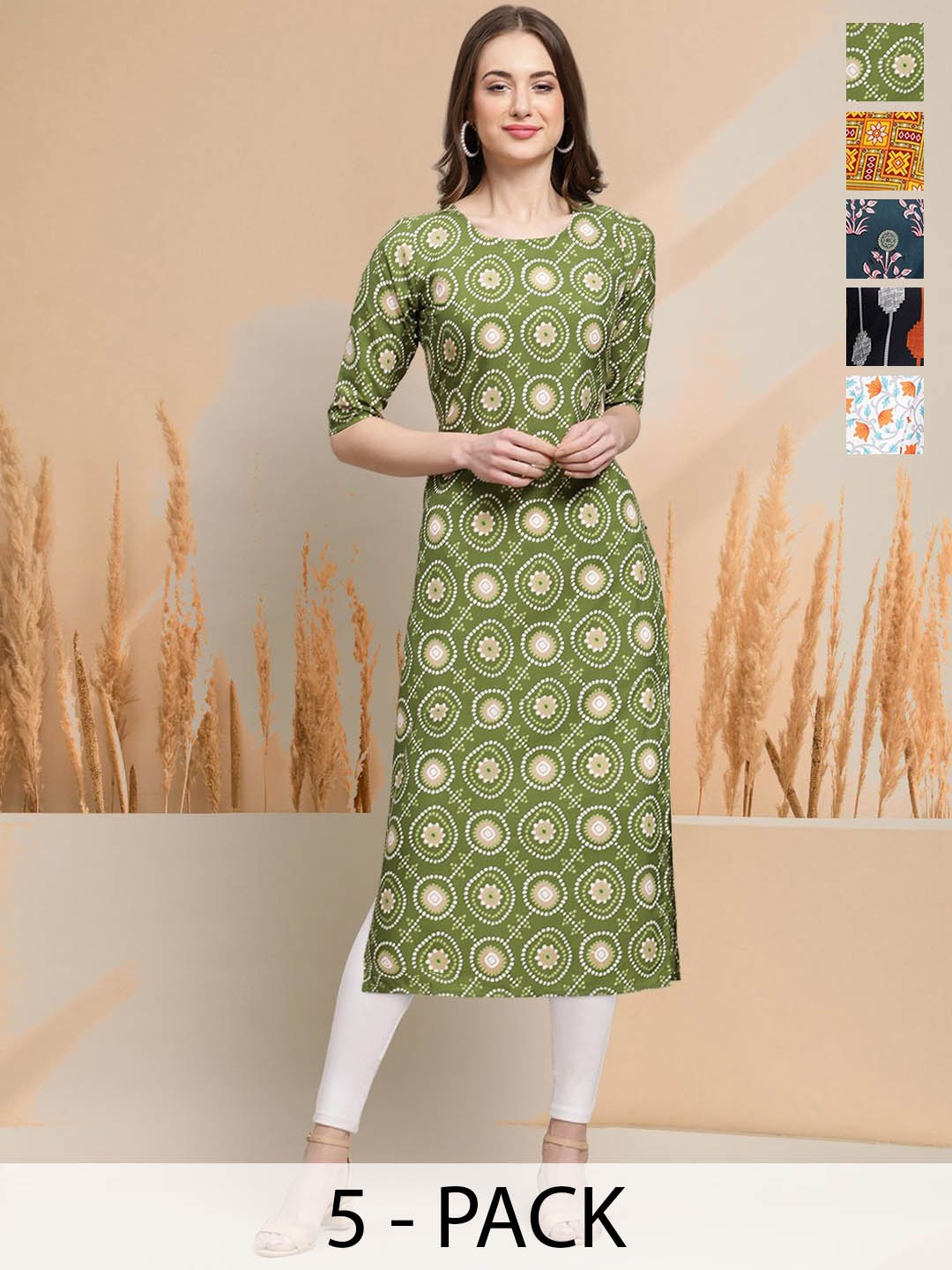 

7Threads Selection Of 5 Geometric Printed Round Neck Straight Kurtas, Green