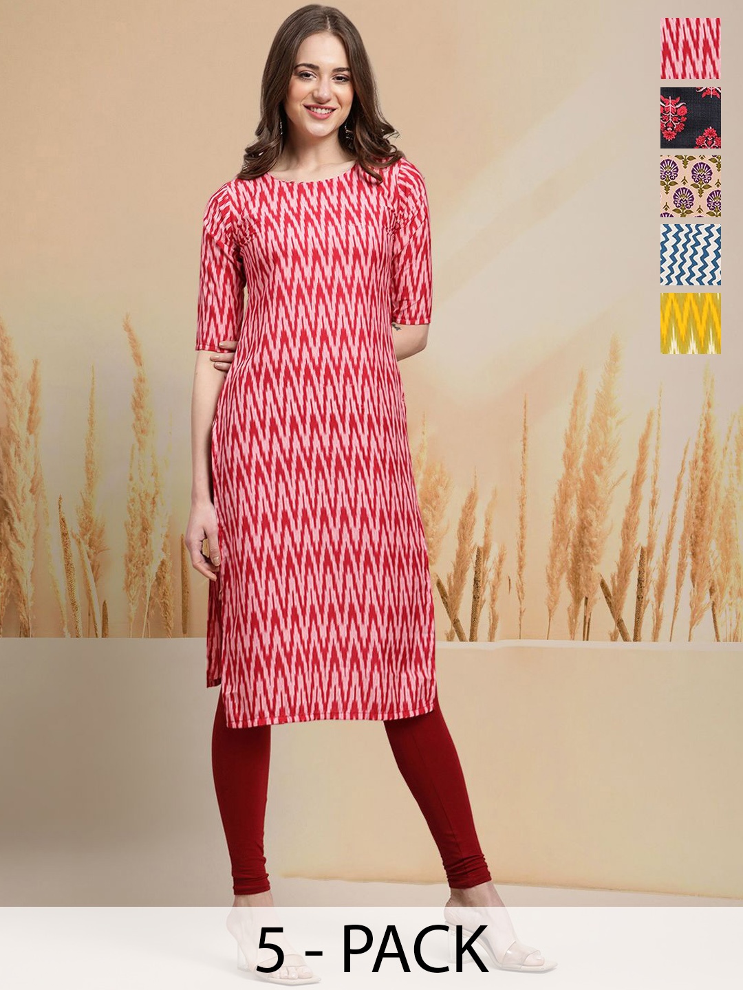 

7Threads Selection Of 5 Chevron Printed Round Neck Straight Kurtas, Red
