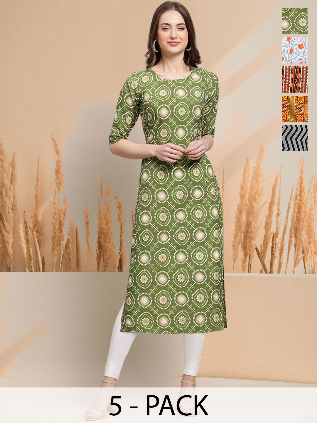 

7Threads Selection Of 5 Geometric Printed Round Neck Straight Kurtas, Green