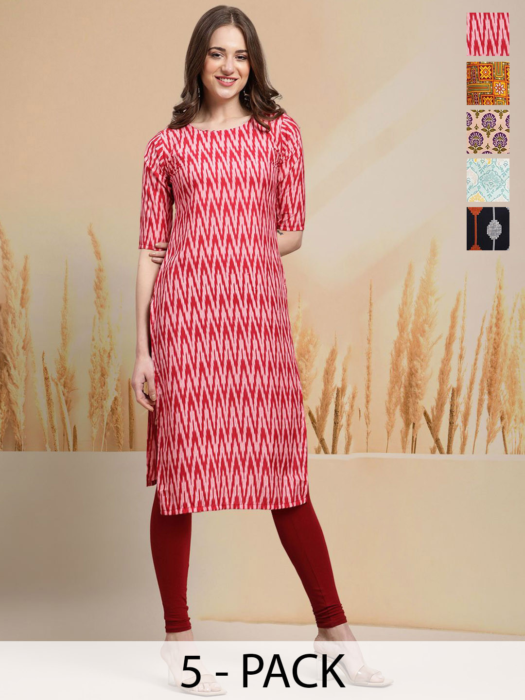 

7Threads Selection Of 5 Chevron Printed Round Neck Straight Kurtas, Red