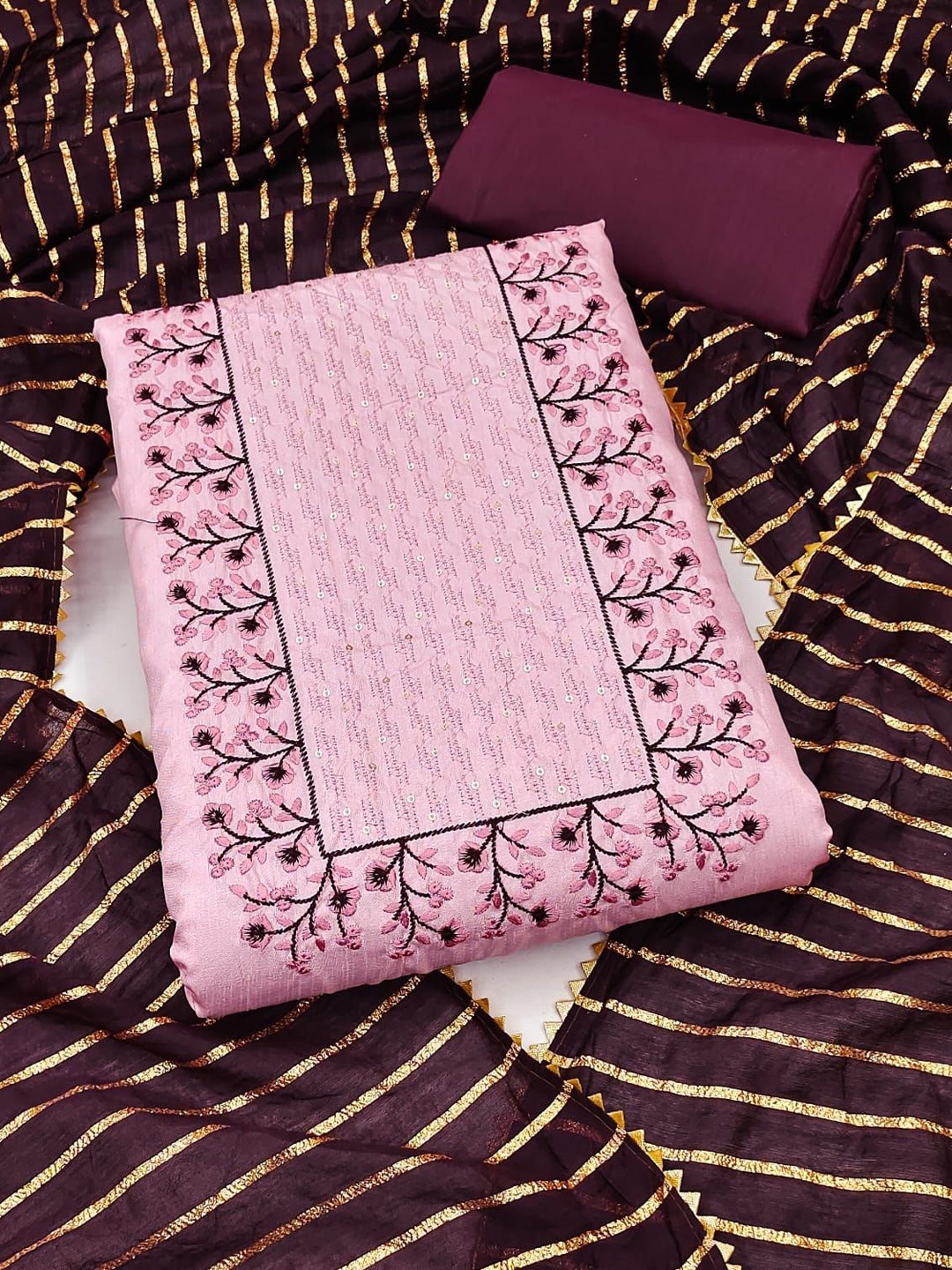 

A TO Z CART Floral Embroidered Sequinned Cotton Silk Unstitched Dress Material, Pink