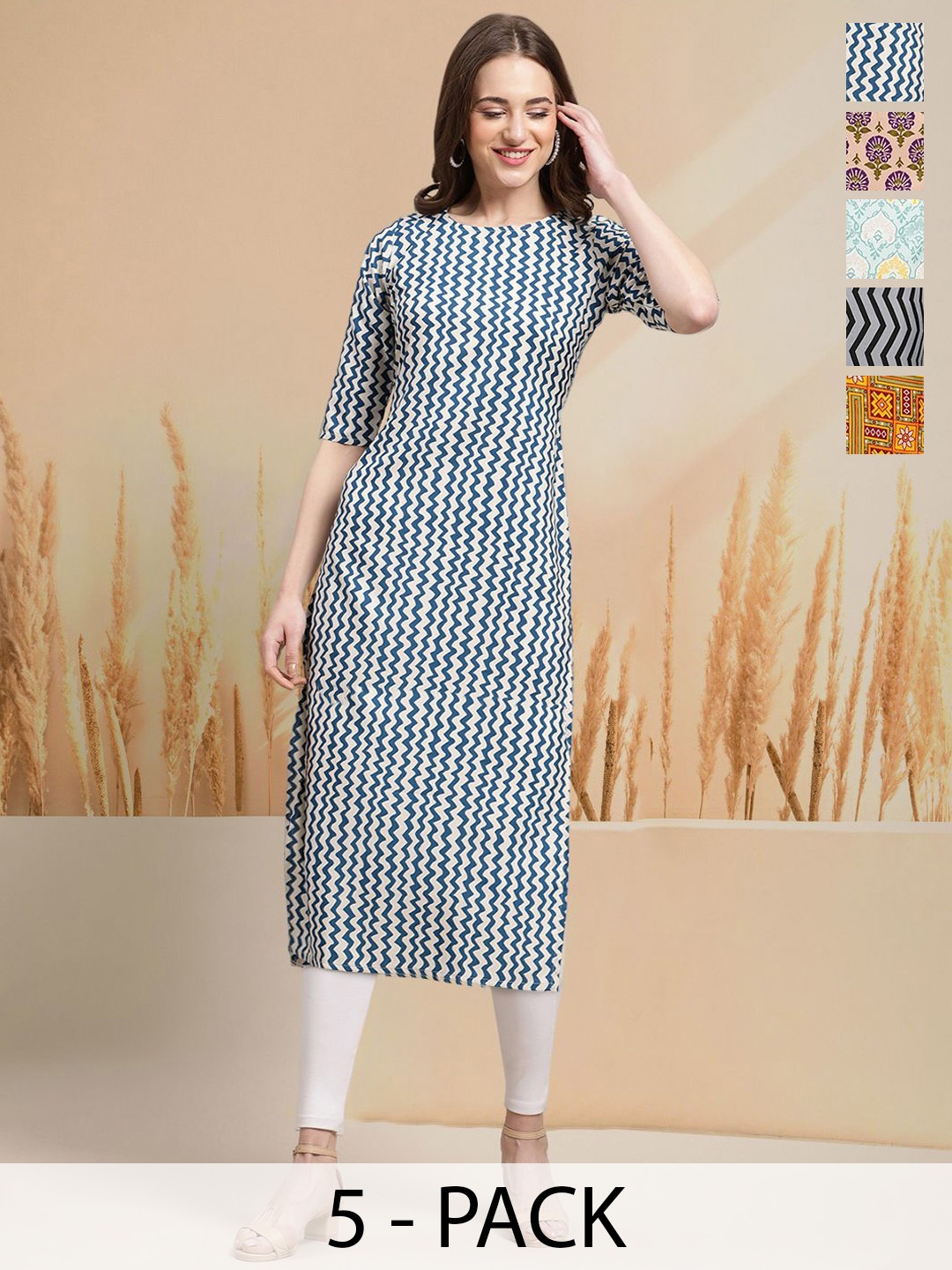 

7Threads Selection Of 5 Chevron Printed Round Neck Straight Kurtas, Turquoise blue