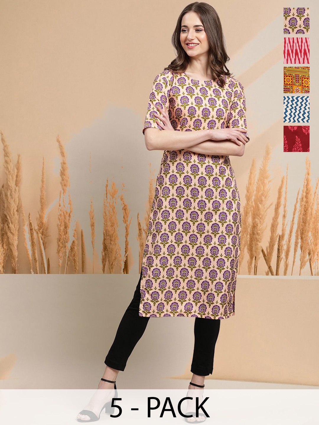 

7Threads Selection Of 5 Floral Printed Round Neck Straight Kurtas, Peach