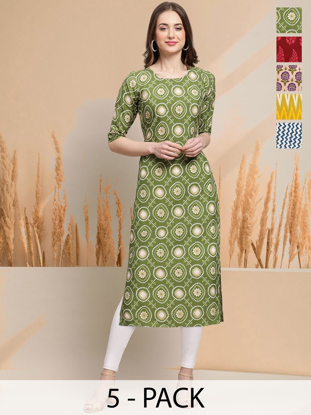 

7Threads Selection Of 5 Ethnic Motifs Printed Round Neck Straight Kurtas, Green