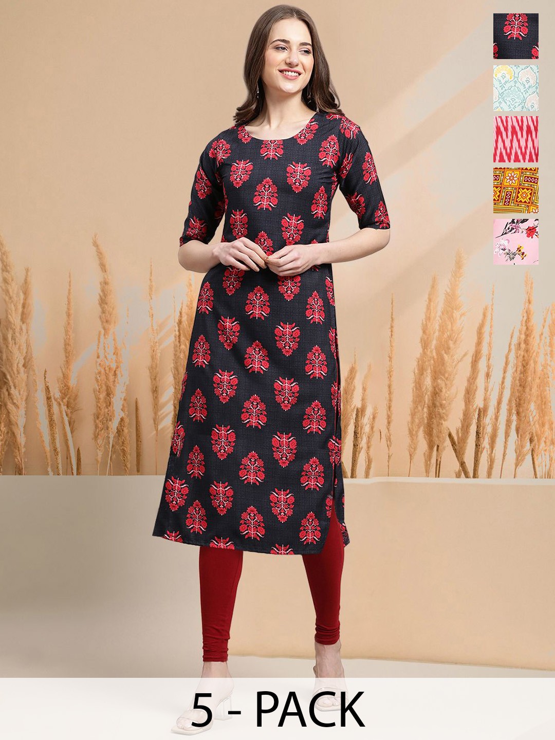 

7Threads Selection Of 5 Floral Printed Round Neck Straight Kurtas, Black