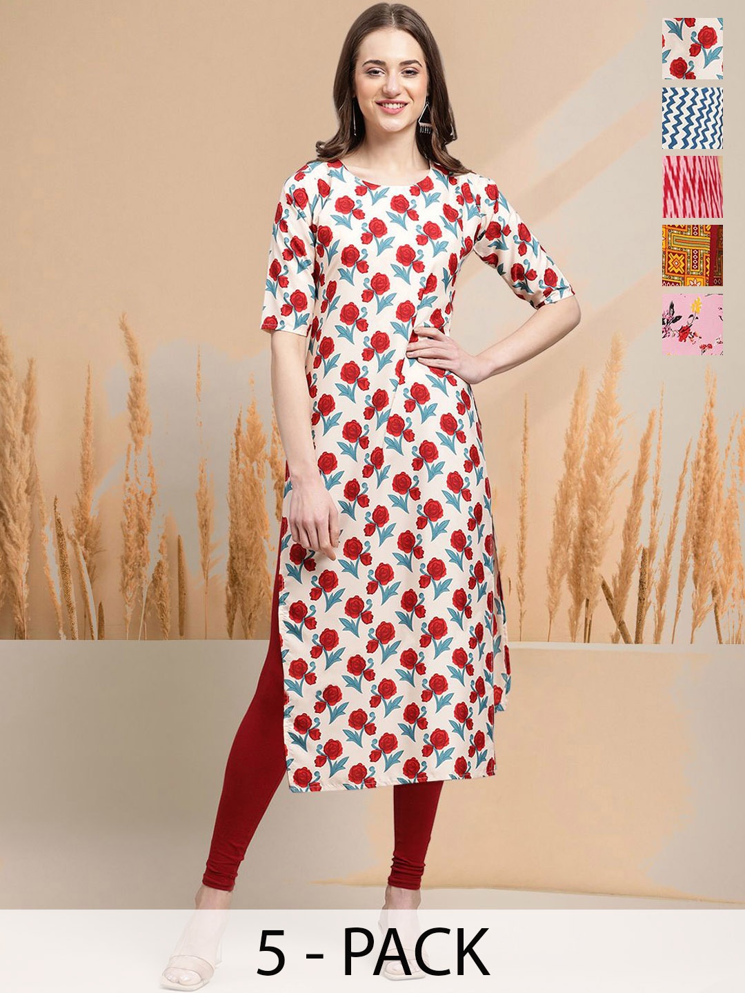 

7Threads Selection Of 5 Floral Printed Round Neck Straight Kurtas, Cream