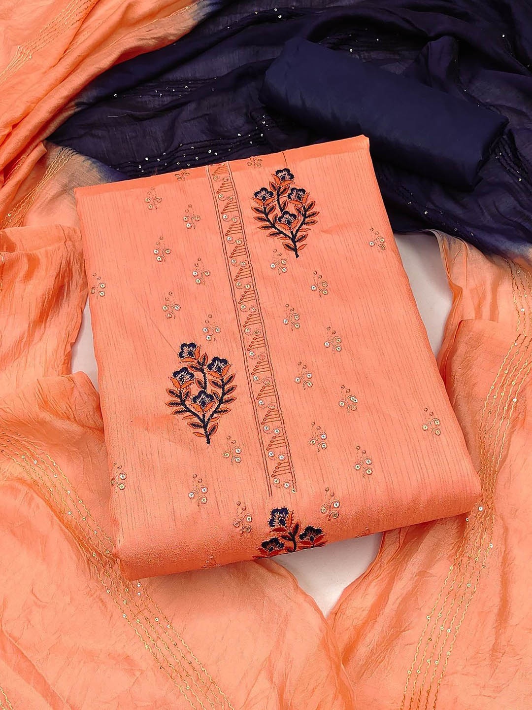 

A TO Z CART Floral Embroidered Sequinned Unstitched Dress Material, Orange