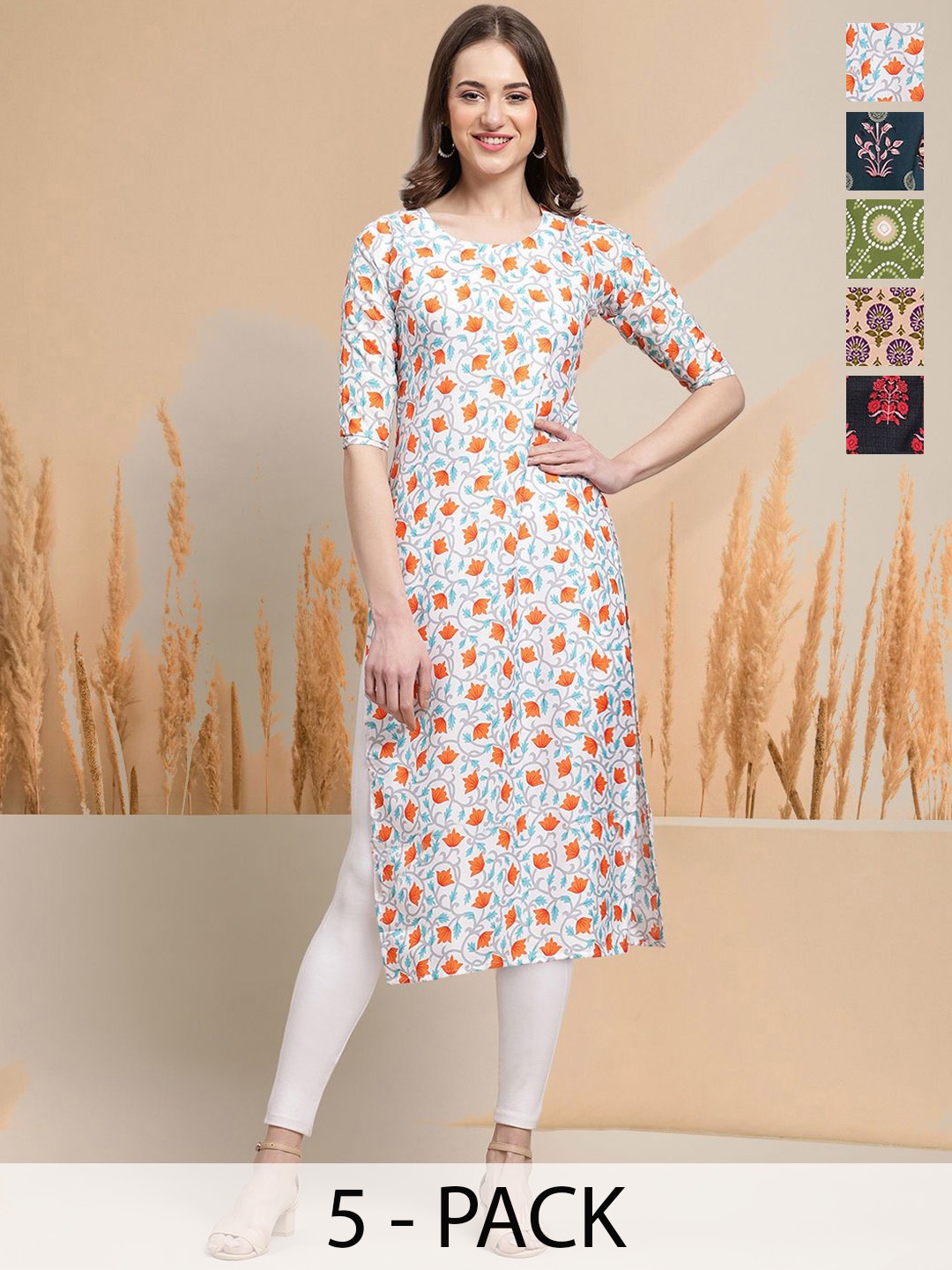 

7Threads Selection Of 5 Floral Printed Round Neck Kurta, White