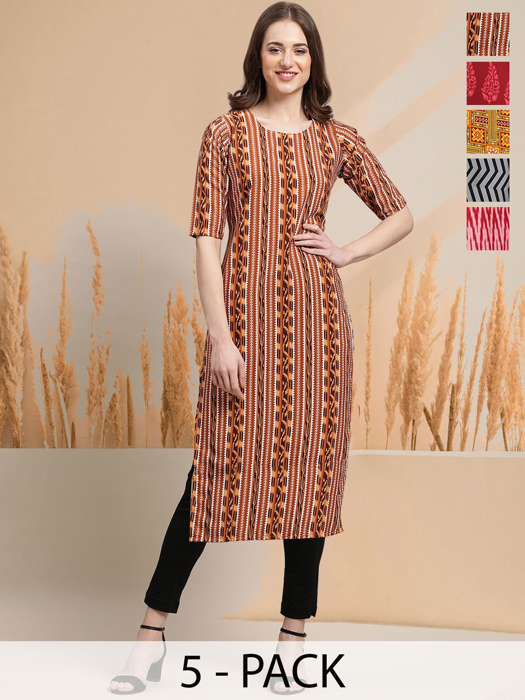 

7Threads Selection Of 5 Ethnic Motifs Printed Round Neck Straight Kurtas, Brown