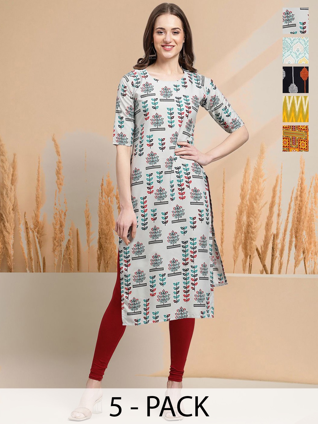 

7Threads Selection Of 5 Floral Printed Round Neck Straight Kurtas, White