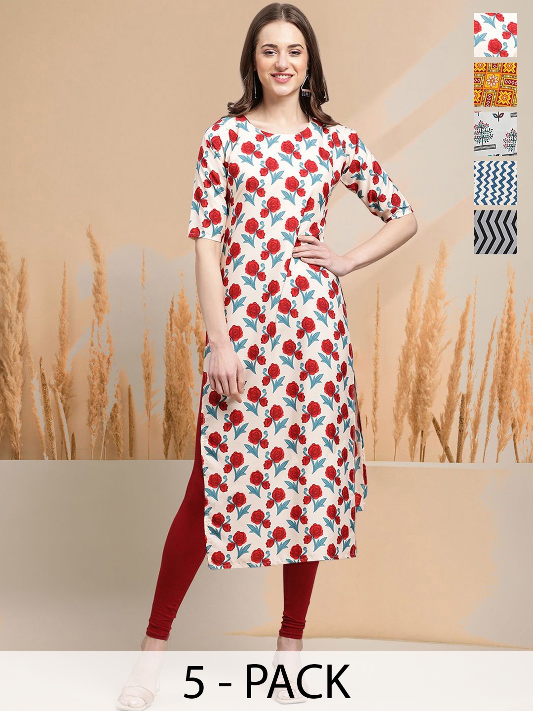 

7Threads Selection Of 5 Floral Printed Round Neck Straight Kurtas, White