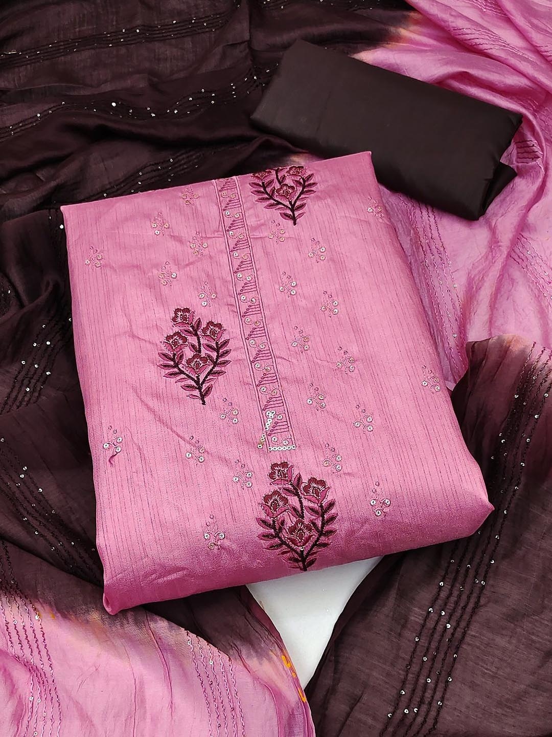 

A TO Z CART Floral Embroidered Sequinned Cotton Silk Unstitched Dress Material, Pink