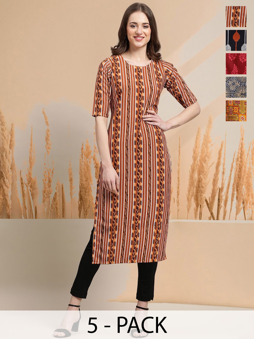 

7Threads Selection Of 5 Ethnic Motifs Printed Round Neck Kurta, Mustard