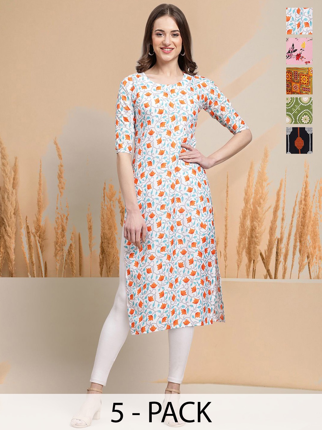 

7Threads Selection of 5 Floral Printed Round Neck Straight Kurtas, White